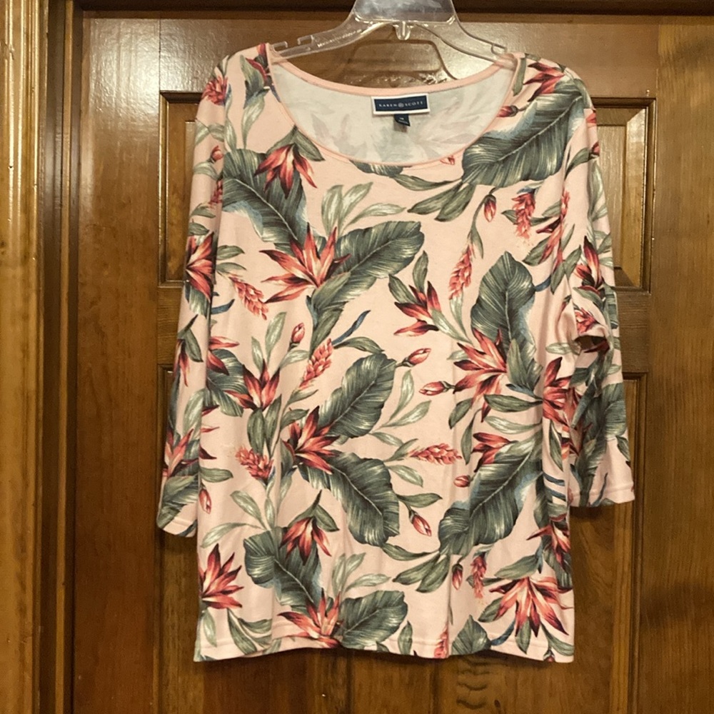 1X Karen Scott Tropical Floral - Green and Peach Top